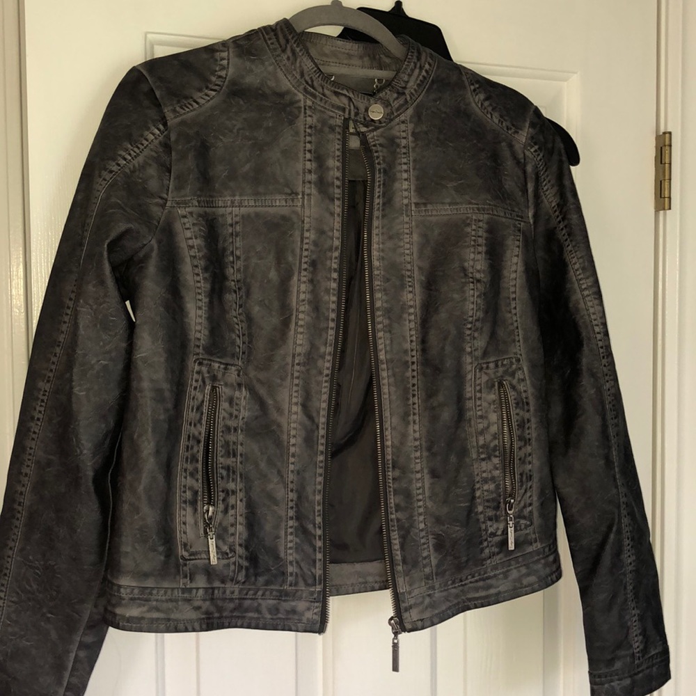 Distressed faux leather grey bomber jacket